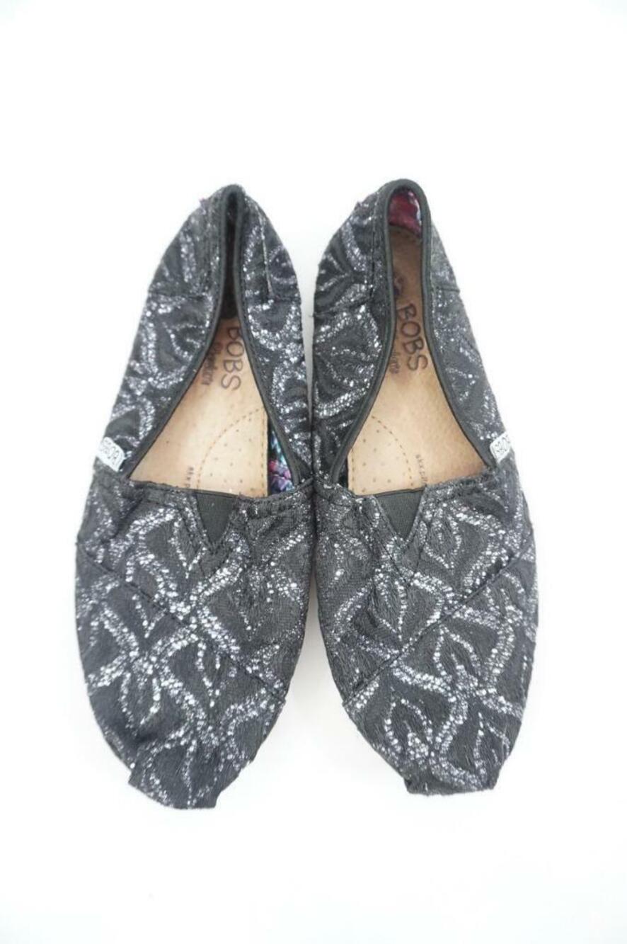 BOBS SKECHERS 34994 USED WOM 9 BLACK/SLVER SPARKLY LACE BLACK ESPADRILLES/FLATS